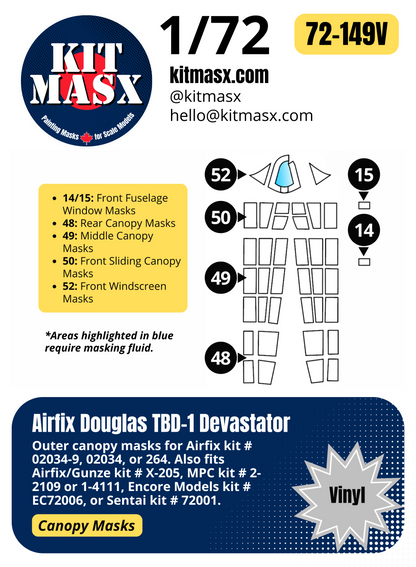 Airfix Douglas TBD-1 Devastator 1/72 Canopy Paint Masks, Kit # 02034-9