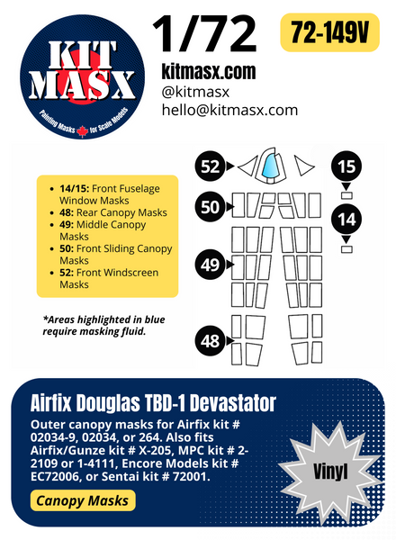 Airfix Douglas TBD-1 Devastator 1/72 Canopy Paint Masks, Kit # 02034-9