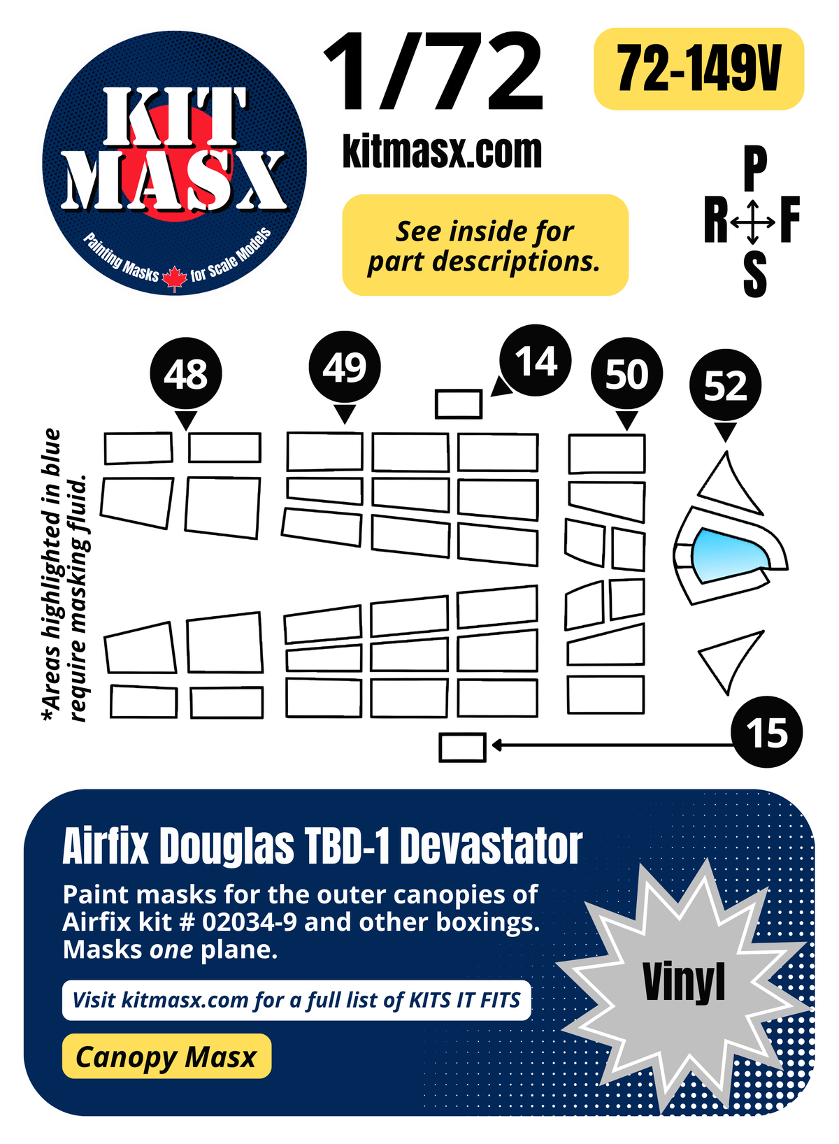 Airfix Douglas TBD-1 Devastator 1/72 Canopy Paint Masks, Kit # 02034-9 (72149)