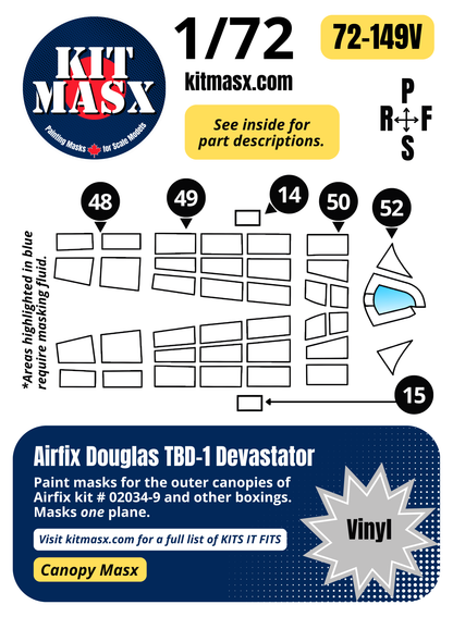 Airfix Douglas TBD-1 Devastator 1/72 Canopy Paint Masks, Kit # 02034-9 (72149)