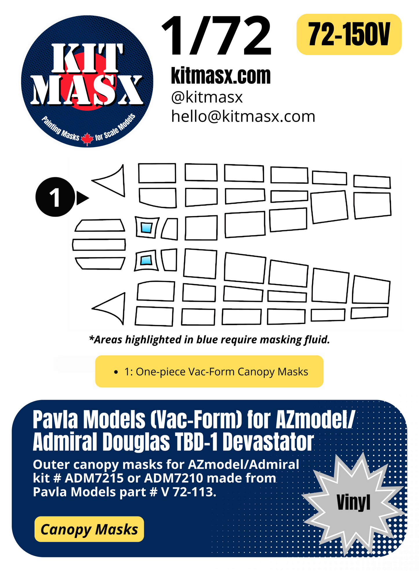 Pavla Models Douglas TBD-1 Devastator (Vac-Form) 1/72 Canopy Paint Masks, Kit # V 72-113