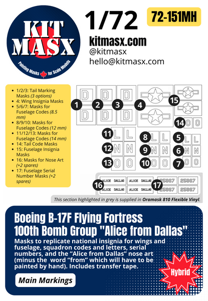 Boeing B-17F Flying Fortress 100th Bomb Group "Alice from Dallas" 1/72 Main Marking Paint Masks