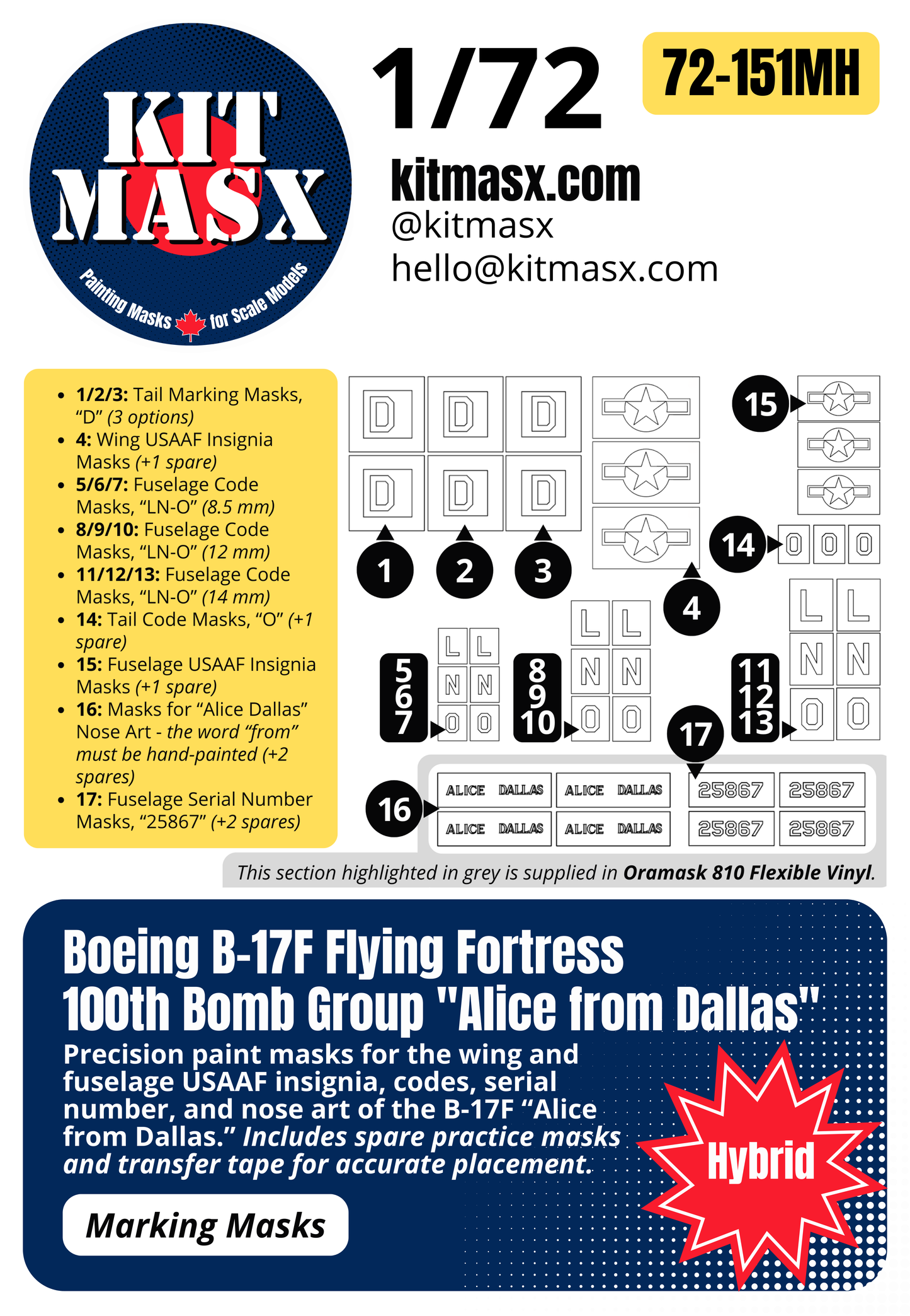 Boeing B-17F Flying Fortress 100th Bomb Group "Alice from Dallas" 1/72 Main Marking Paint Masks