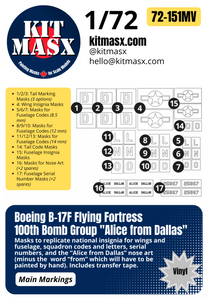 Boeing B-17F Flying Fortress 100th Bomb Group "Alice from Dallas" 1/72 Main Marking Paint Masks