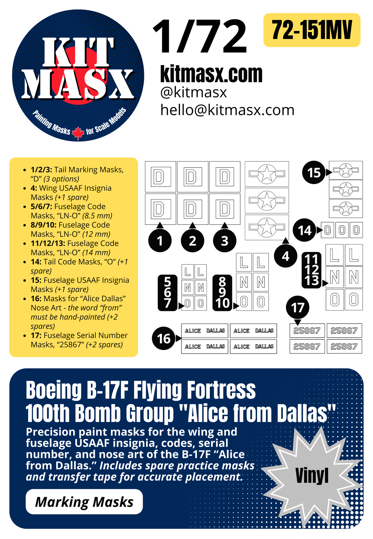 Boeing B-17F Flying Fortress 100th Bomb Group "Alice from Dallas" 1/72 Main Marking Paint Masks