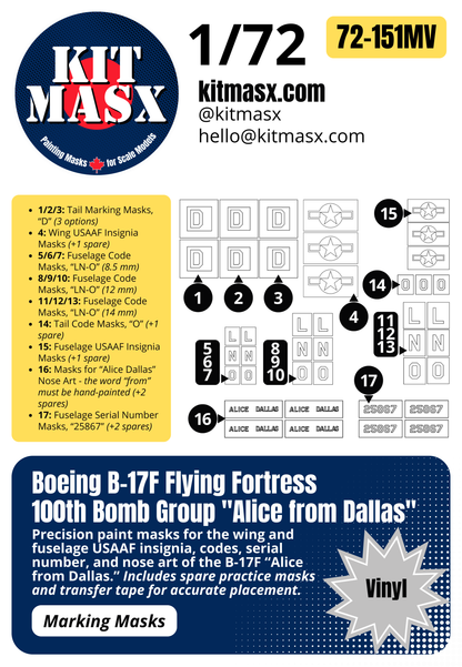 Boeing B-17F Flying Fortress 100th Bomb Group "Alice from Dallas" 1/72 Main Marking Paint Masks