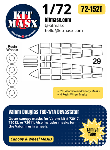 Valom Douglas TBD-1/1A Devastator 1/72 Canopy & Wheel Paint Masks, Kit # 72011