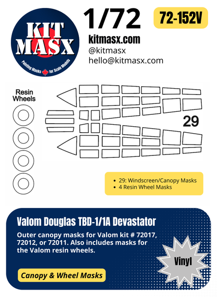 Valom Douglas TBD-1/1A Devastator 1/72 Canopy & Wheel Masks