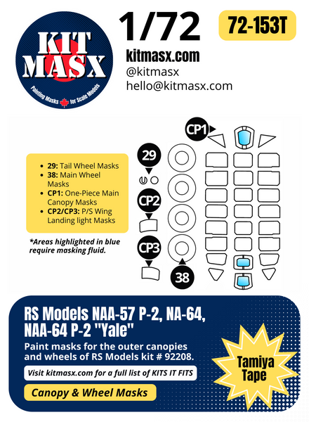 RS Models NAA-57 P-2, NA-64, NAA-64 P-2 "Yale" 1/72 Canopy & Wheel Paint Masks, Kit # 92208