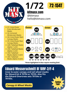 Eduard Messerschmitt Bf 109F-2/F-4 1/72 Canopy & Wheel Paint Masks, Kit # 70154