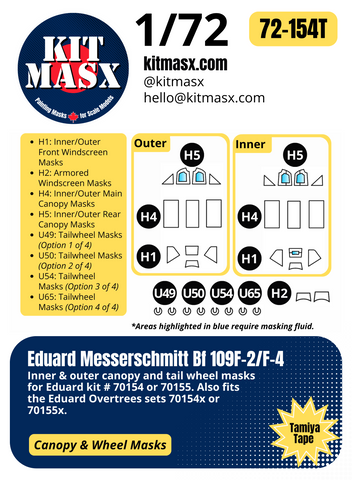 Eduard Messerschmitt Bf 109F-2/F-4 1/72 Canopy & Wheel Paint Masks, Kit # 70154