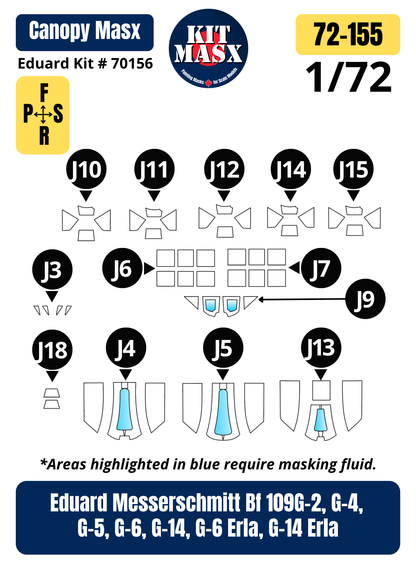 Eduard Messerschmitt Bf 109G-2/G-4/G-5/G-6/G-14/G-6 Erla/G-14 Erla 1/72 Canopy Paint Masks, Kit # 70156