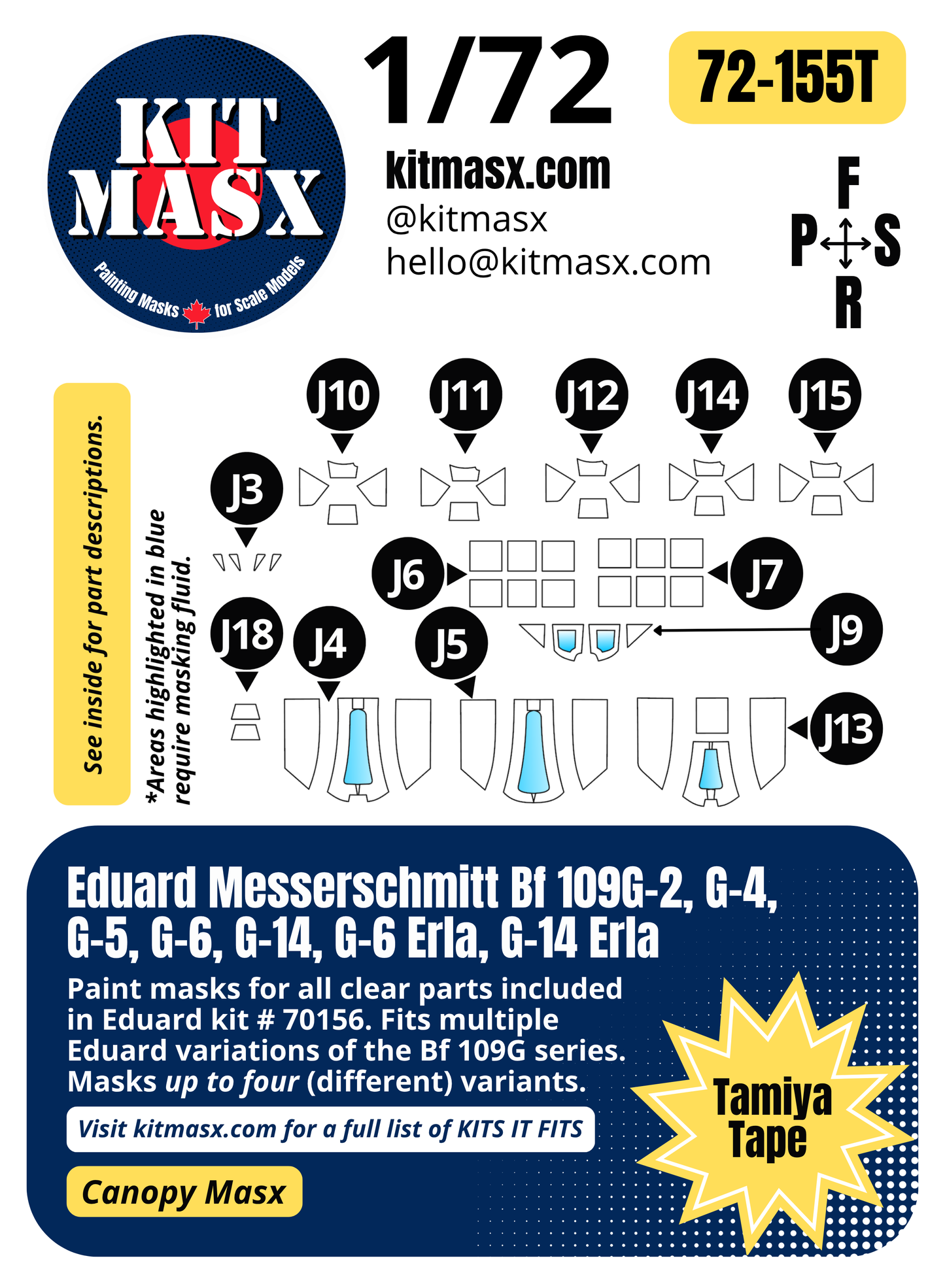 Eduard Messerschmitt Bf 109G-2/G-4/G-5/G-6/G-14/G-6 Erla/G-14 Erla 1/72 Canopy Paint Masks, Kit # 70156