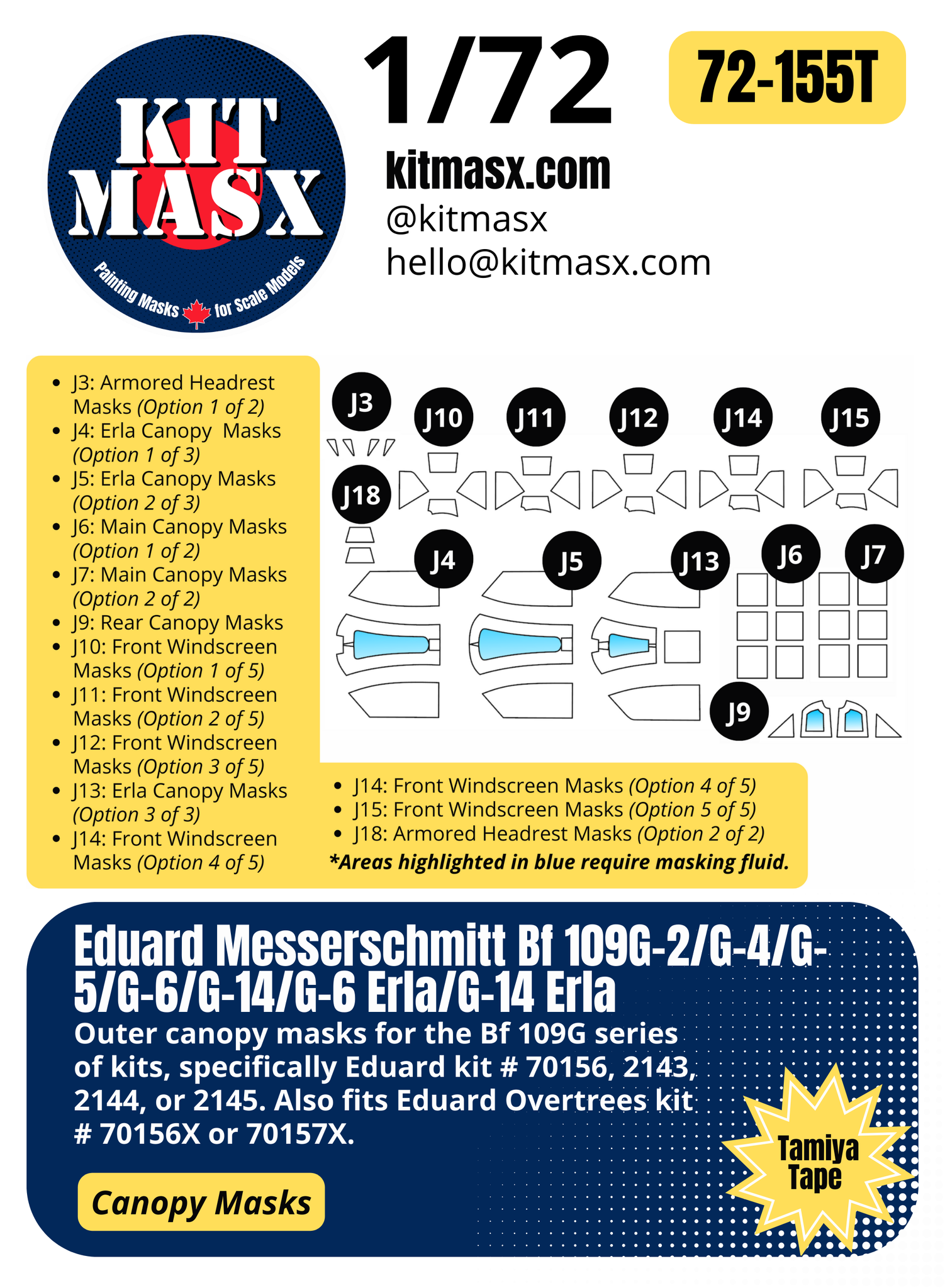 Eduard Messerschmitt Bf 109G-2/G-4/G-5/G-6/G-14/G-6 Erla/G-14 Erla 1/72 Canopy Paint Masks, Kit # 70156