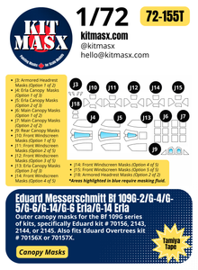 Eduard Messerschmitt Bf 109G-2/G-4/G-5/G-6/G-14/G-6 Erla/G-14 Erla 1/72 Canopy Paint Masks, Kit # 70156