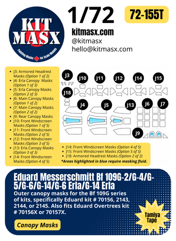 Eduard Messerschmitt Bf 109G-2/G-4/G-5/G-6/G-14/G-6 Erla/G-14 Erla 1/72 Canopy Paint Masks, Kit # 70156