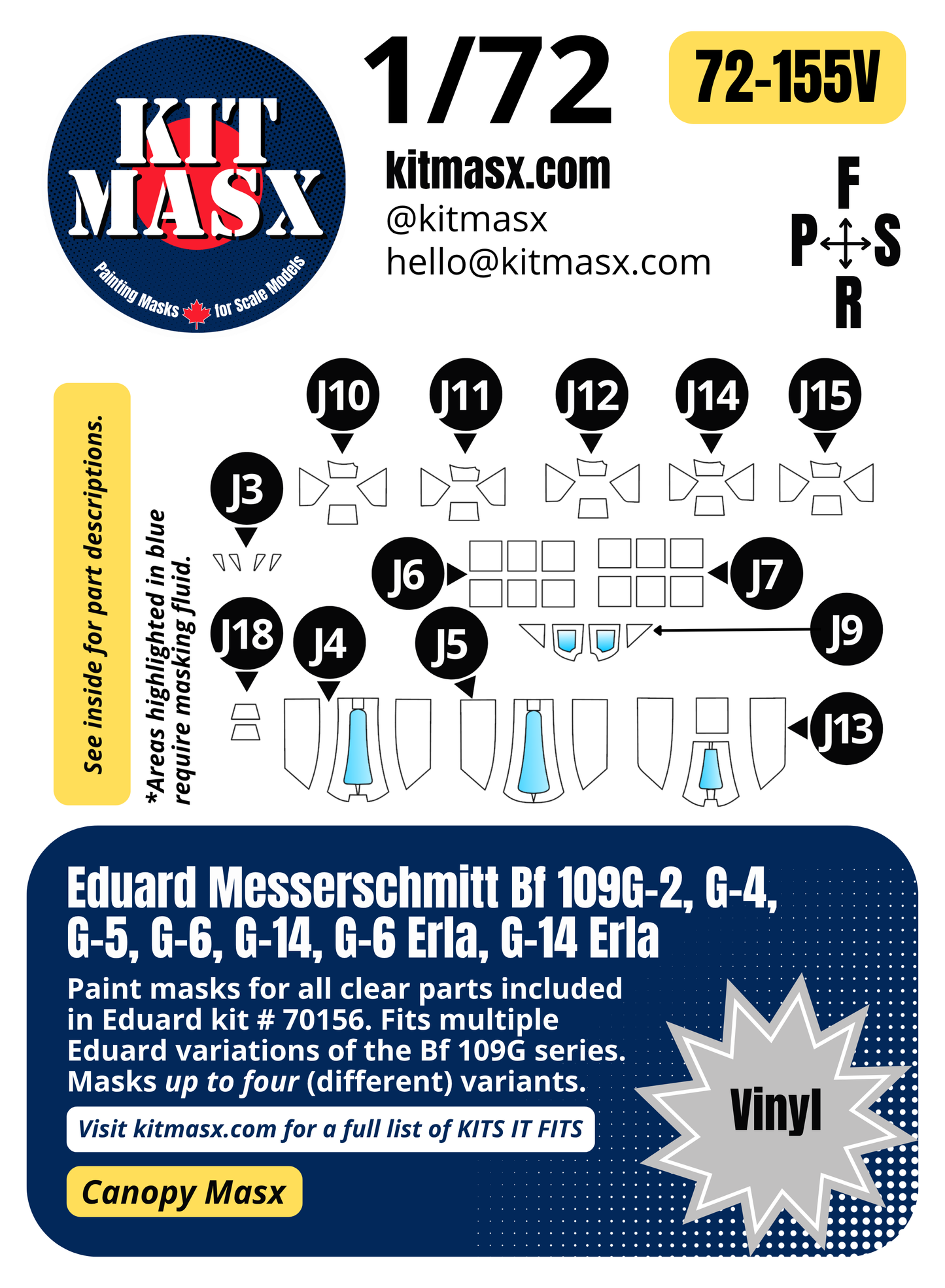 Eduard Messerschmitt Bf 109G-2/G-4/G-5/G-6/G-14/G-6 Erla/G-14 Erla 1/72 Canopy Paint Masks, Kit # 70156