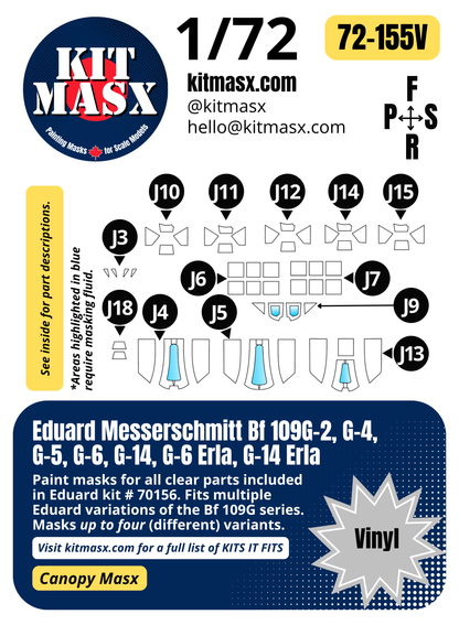 Eduard Messerschmitt Bf 109G-2/G-4/G-5/G-6/G-14/G-6 Erla/G-14 Erla 1/72 Canopy Paint Masks, Kit # 70156