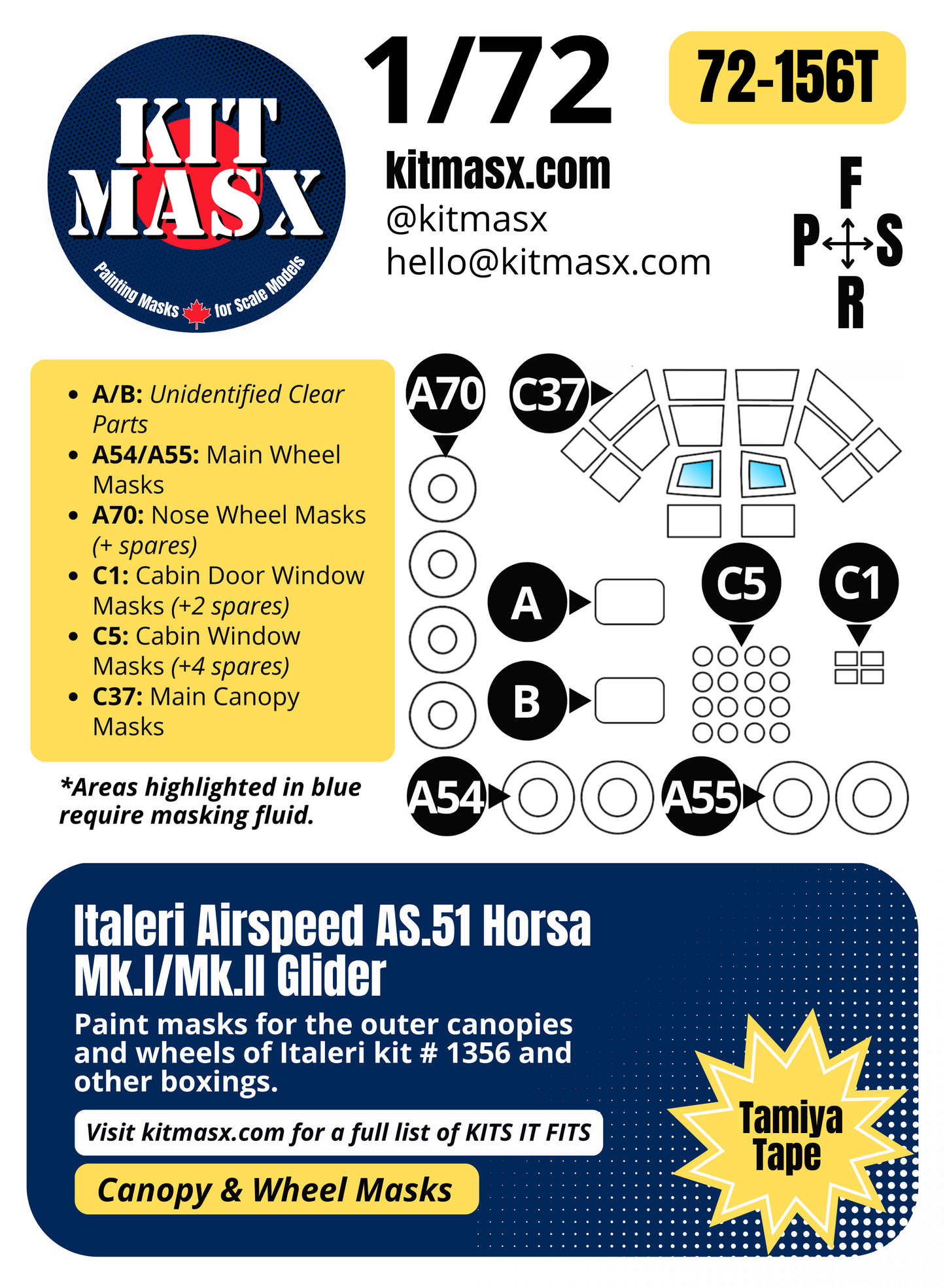 Italeri Airspeed AS.51 Horsa Mk.I/Mk.II Glider 1/72 Canopy & Wheel Paint Masks, Kit # 1356