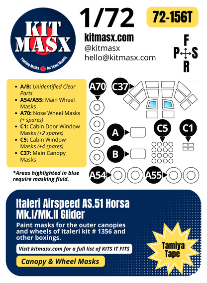 Italeri Airspeed AS.51 Horsa Mk.I/Mk.II Glider 1/72 Canopy & Wheel Paint Masks, Kit # 1356