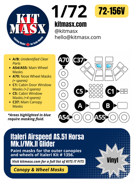 Italeri Airspeed AS.51 Horsa Mk.I/Mk.II Glider 1/72 Canopy & Wheel Paint Masks, Kit # 1356