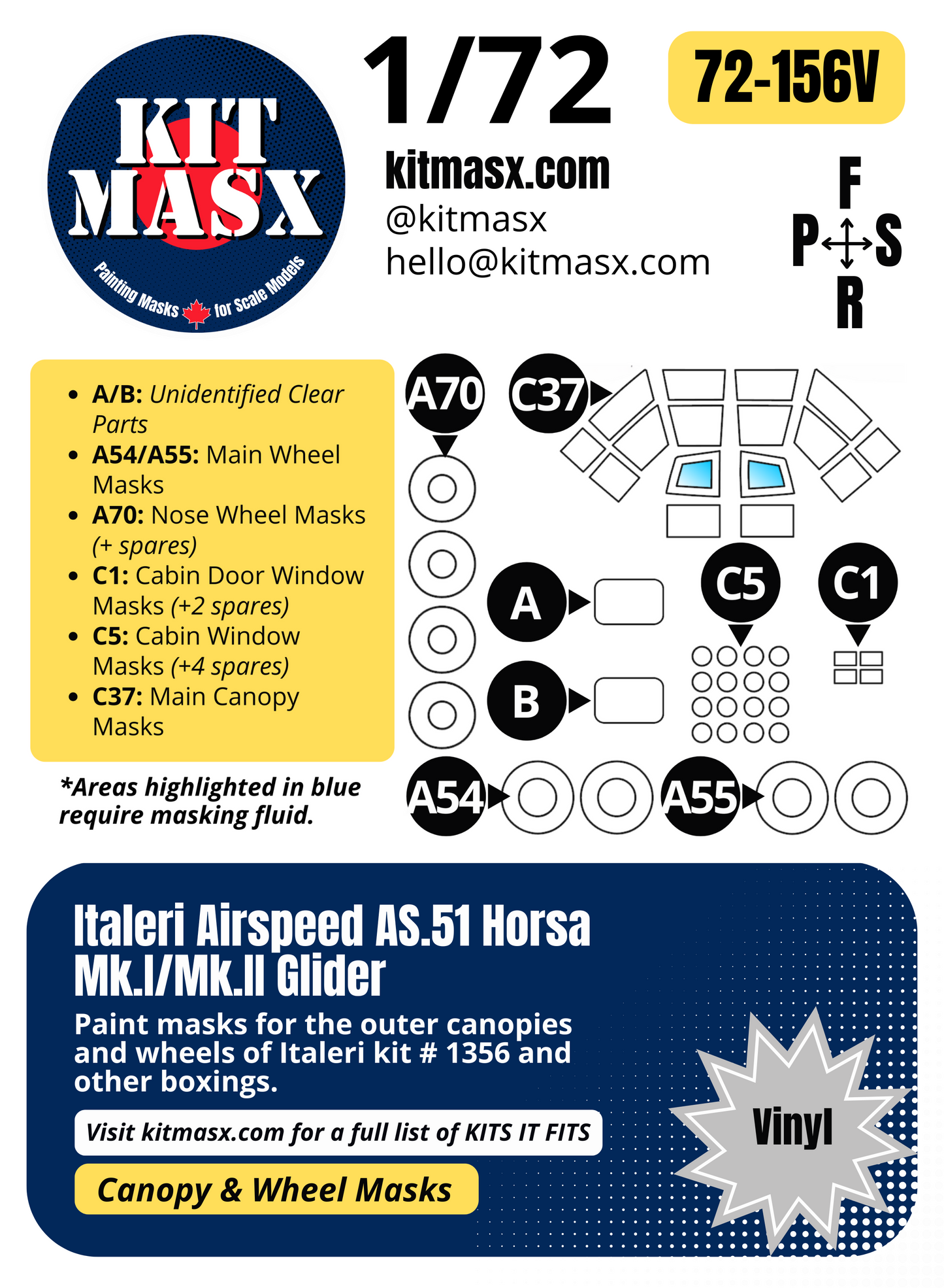 Italeri Airspeed AS.51 Horsa Mk.I/Mk.II Glider 1/72 Canopy & Wheel Paint Masks, Kit # 1356