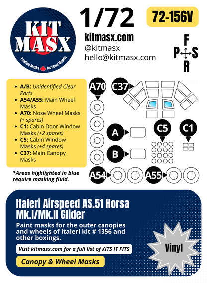 Italeri Airspeed AS.51 Horsa Mk.I/Mk.II Glider 1/72 Canopy & Wheel Paint Masks, Kit # 1356