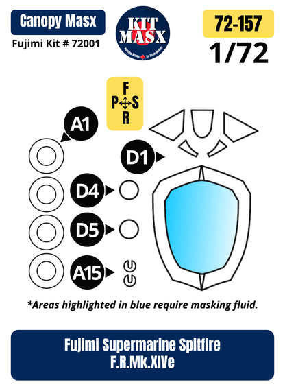 Fujimi Supermarine Spitfire F.R.Mk.XIVe 1/72 Canopy & Wheel Paint Masks, Kit # 72001 (72157)
