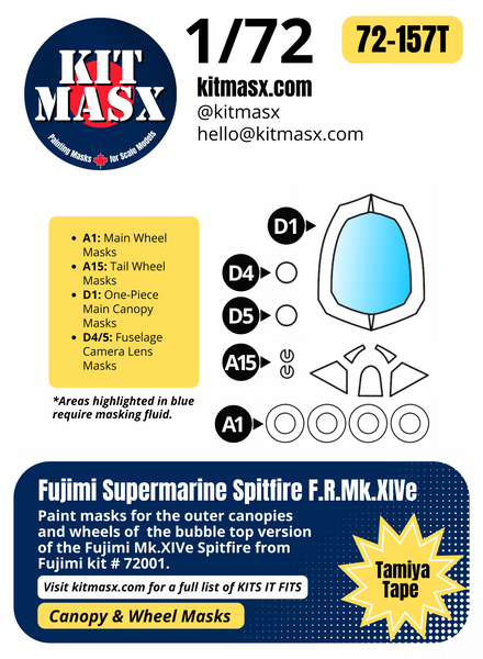 Fujimi Supermarine Spitfire F.R.Mk.XIVe 1/72 Canopy & Wheel Paint Masks, Kit # 72001