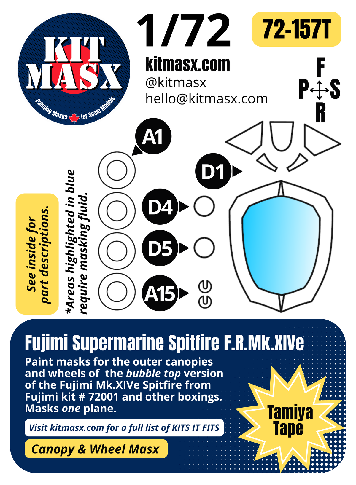 Fujimi Supermarine Spitfire F.R.Mk.XIVe 1/72 Canopy & Wheel Paint Masks, Kit # 72001 (72157)