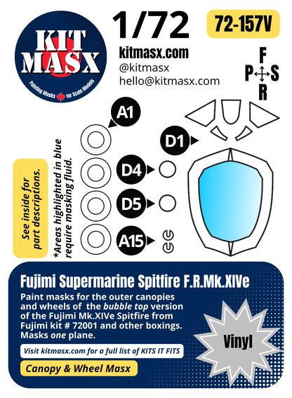 Fujimi Supermarine Spitfire F.R.Mk.XIVe 1/72 Canopy & Wheel Paint Masks, Kit # 72001 (72157)