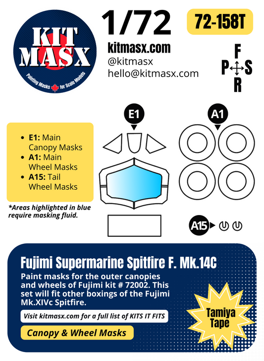 Fujimi Supermarine Spitfire F.Mk.14C 1/72 Canopy & Wheel Paint Masks, Kit # 72002