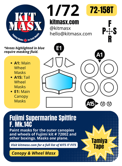 Fujimi Supermarine Spitfire F.Mk.14C 1/72 Canopy & Wheel Paint Masks, Kit # 72002 (72158)