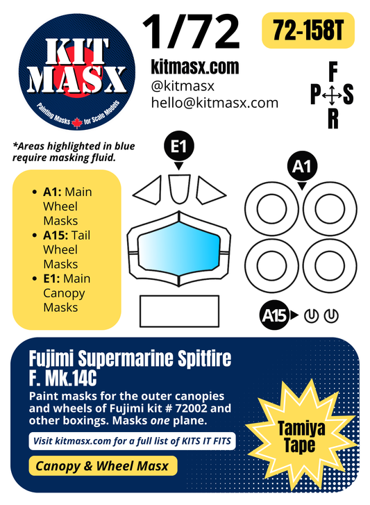 Fujimi Supermarine Spitfire F.Mk.14C 1/72 Canopy & Wheel Paint Masks, Kit # 72002 (72158)