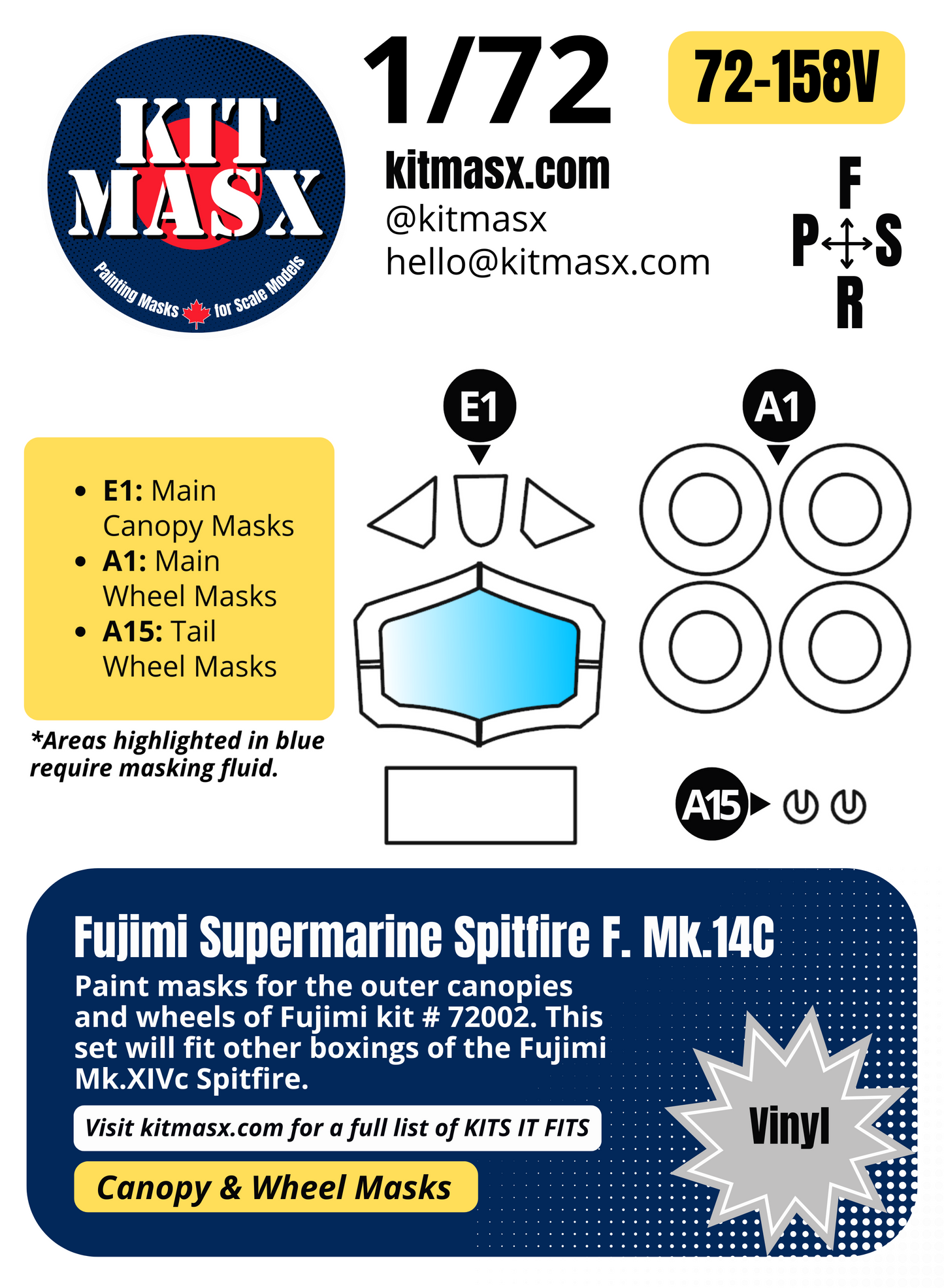 Fujimi Supermarine Spitfire F.Mk.14C 1/72 Canopy & Wheel Paint Masks, Kit # 72002