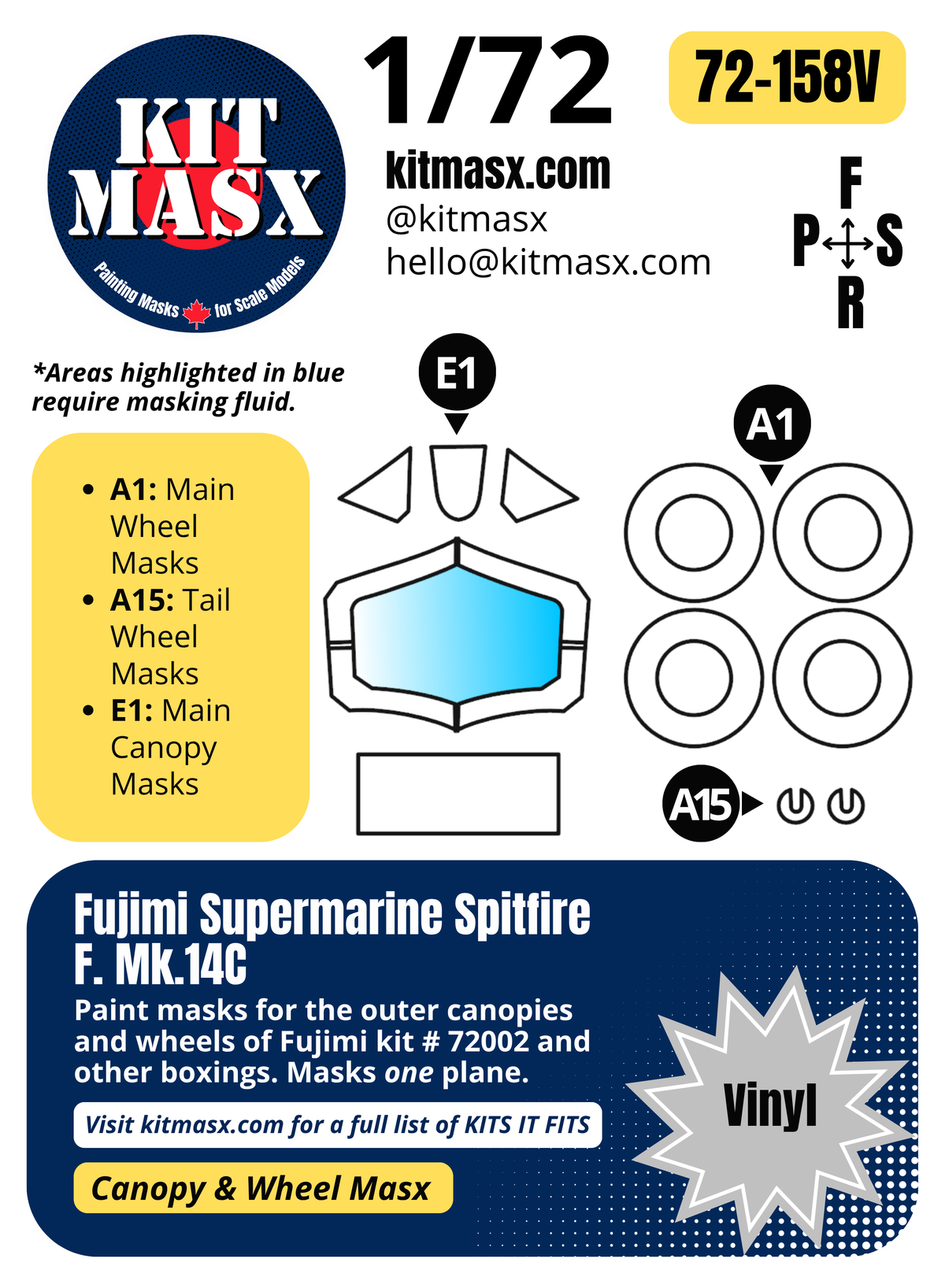 Fujimi Supermarine Spitfire F.Mk.14C 1/72 Canopy & Wheel Paint Masks, Kit # 72002 (72158)