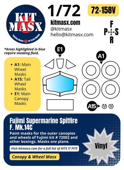 Fujimi Supermarine Spitfire F.Mk.14C 1/72 Canopy & Wheel Paint Masks, Kit # 72002 (72158)