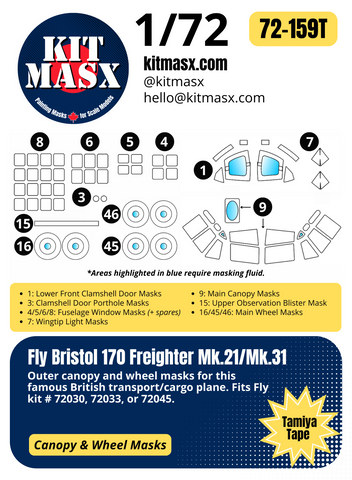 Fly Bristol 170 Freighter Mk.21/Mk.31 1/72 Canopy & Wheel Paint Masks, Kit # 72030