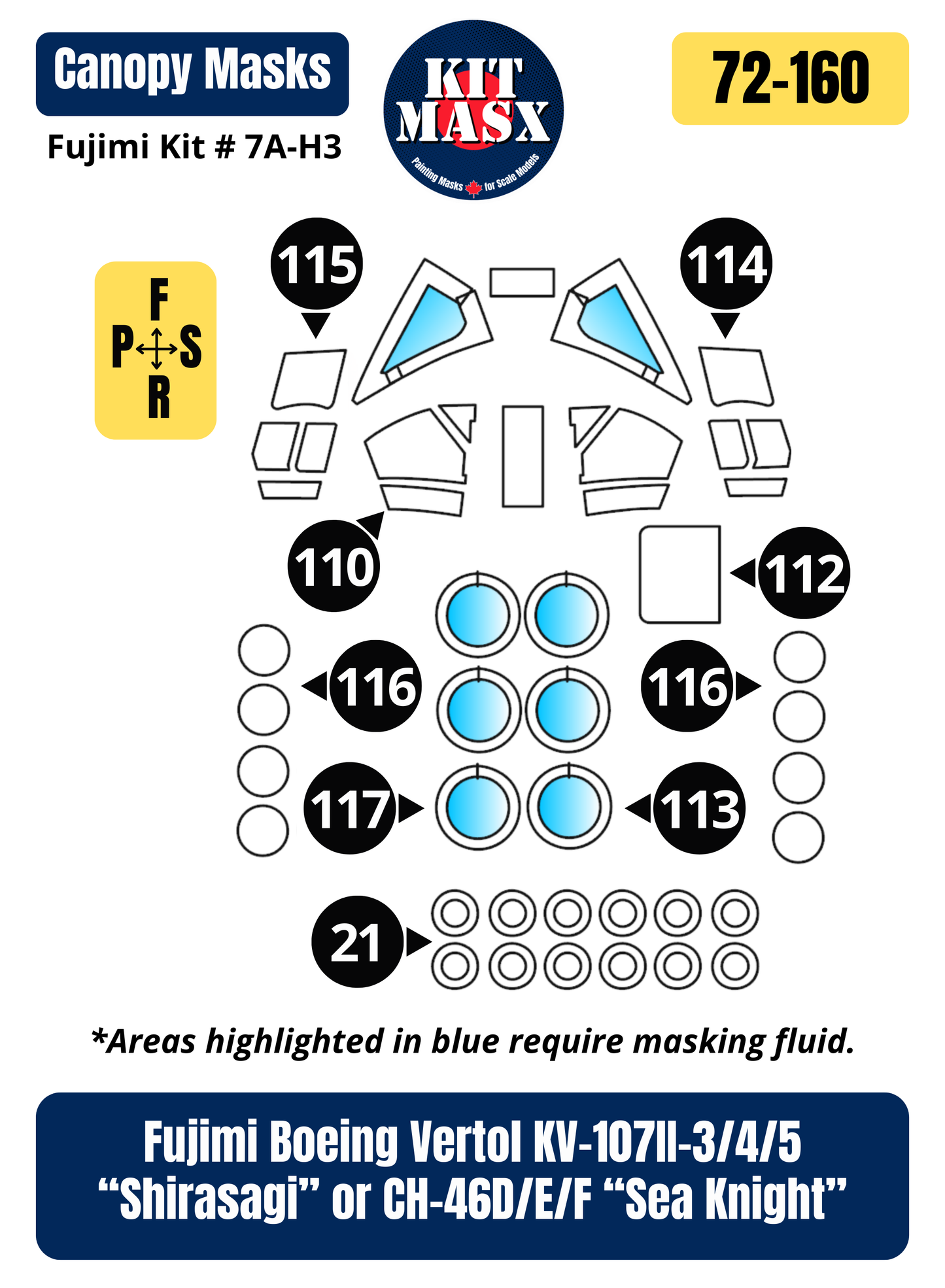 Fujimi Boeing Vertol KV-107II-3/4/5 “Shirasagi” or CH-46D/E/F “Sea Knight” 1/72 Canopy & Wheel Paint Masks, Kit # 7A-H3