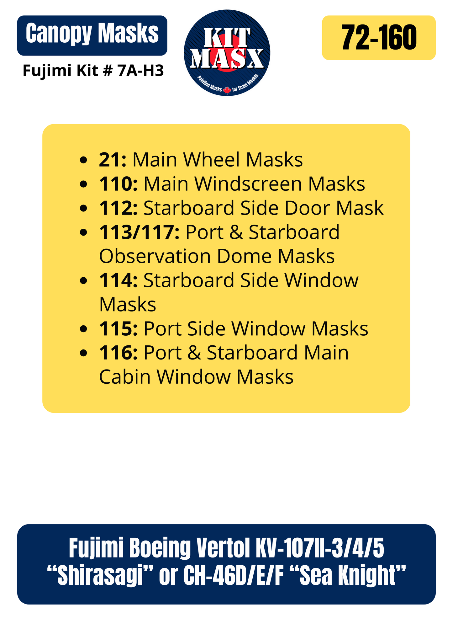 Fujimi Boeing Vertol KV-107II-3/4/5 “Shirasagi” or CH-46D/E/F “Sea Knight” 1/72 Canopy & Wheel Paint Masks, Kit # 7A-H3