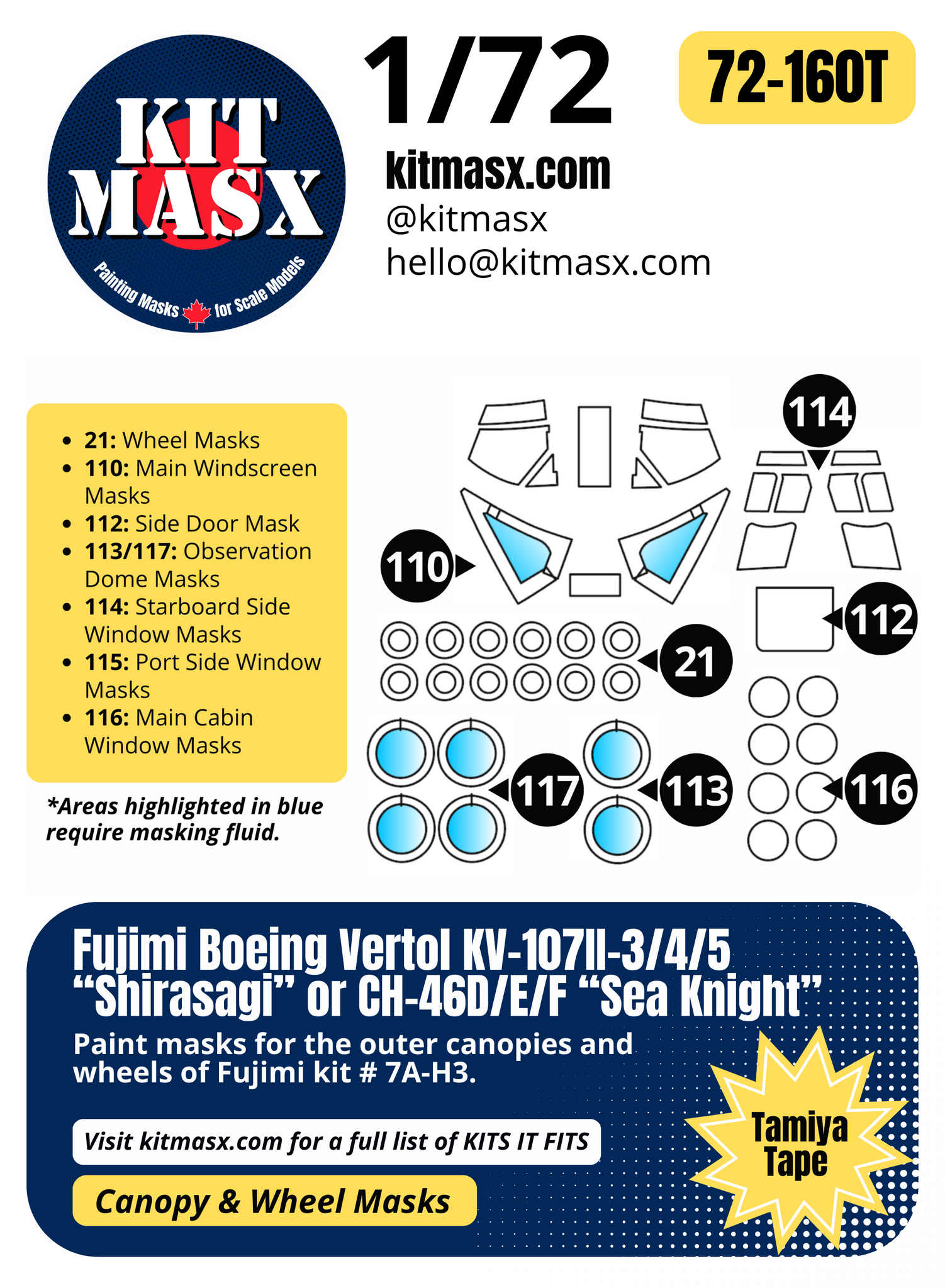 Fujimi Boeing Vertol KV-107II-3/4/5 “Shirasagi” or CH-46D/E/F “Sea Knight” 1/72 Canopy & Wheel Paint Masks, Kit # 7A-H3