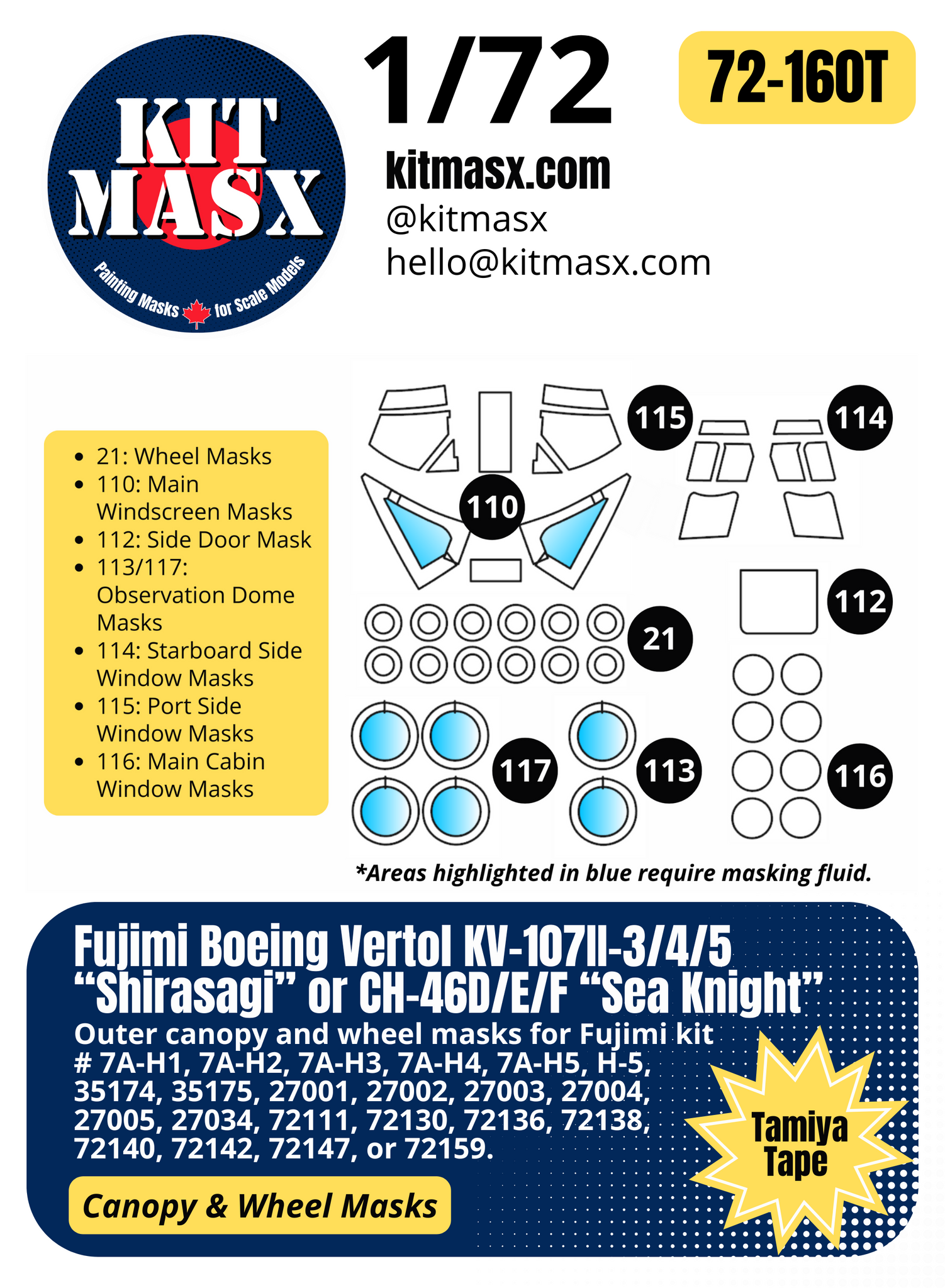 Fujimi Boeing Vertol KV-107II-3/4/5 “Shirasagi” or CH-46D/E/F “Sea Knight” 1/72 Canopy & Wheel Paint Masks, Kit # 7A-H3