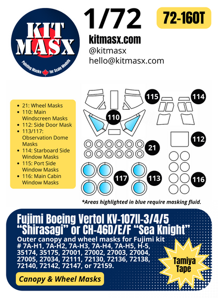 Fujimi Boeing Vertol KV-107II-3/4/5 “Shirasagi” or CH-46D/E/F “Sea Knight” 1/72 Canopy & Wheel Paint Masks