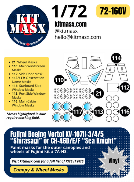 Fujimi Boeing Vertol KV-107II-3/4/5 “Shirasagi” or CH-46D/E/F “Sea Knight” 1/72 Canopy & Wheel Paint Masks, Kit # 7A-H3