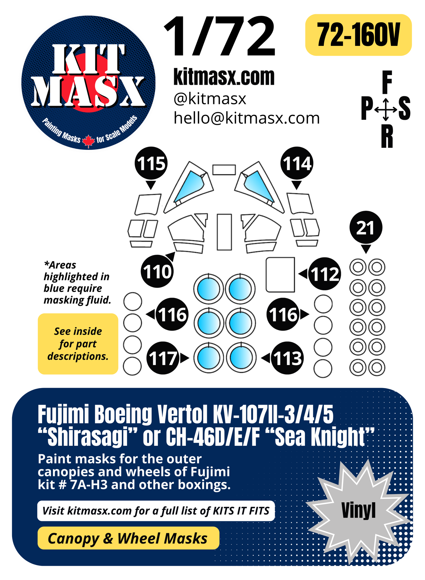 Fujimi Boeing Vertol KV-107II-3/4/5 “Shirasagi” or CH-46D/E/F “Sea Knight” 1/72 Canopy & Wheel Paint Masks, Kit # 7A-H3