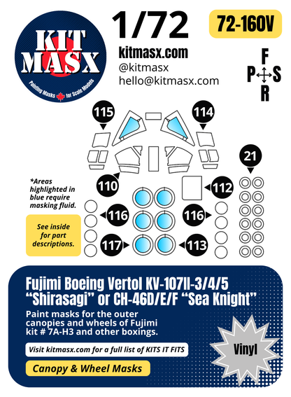 Fujimi Boeing Vertol KV-107II-3/4/5 “Shirasagi” or CH-46D/E/F “Sea Knight” 1/72 Canopy & Wheel Paint Masks, Kit # 7A-H3
