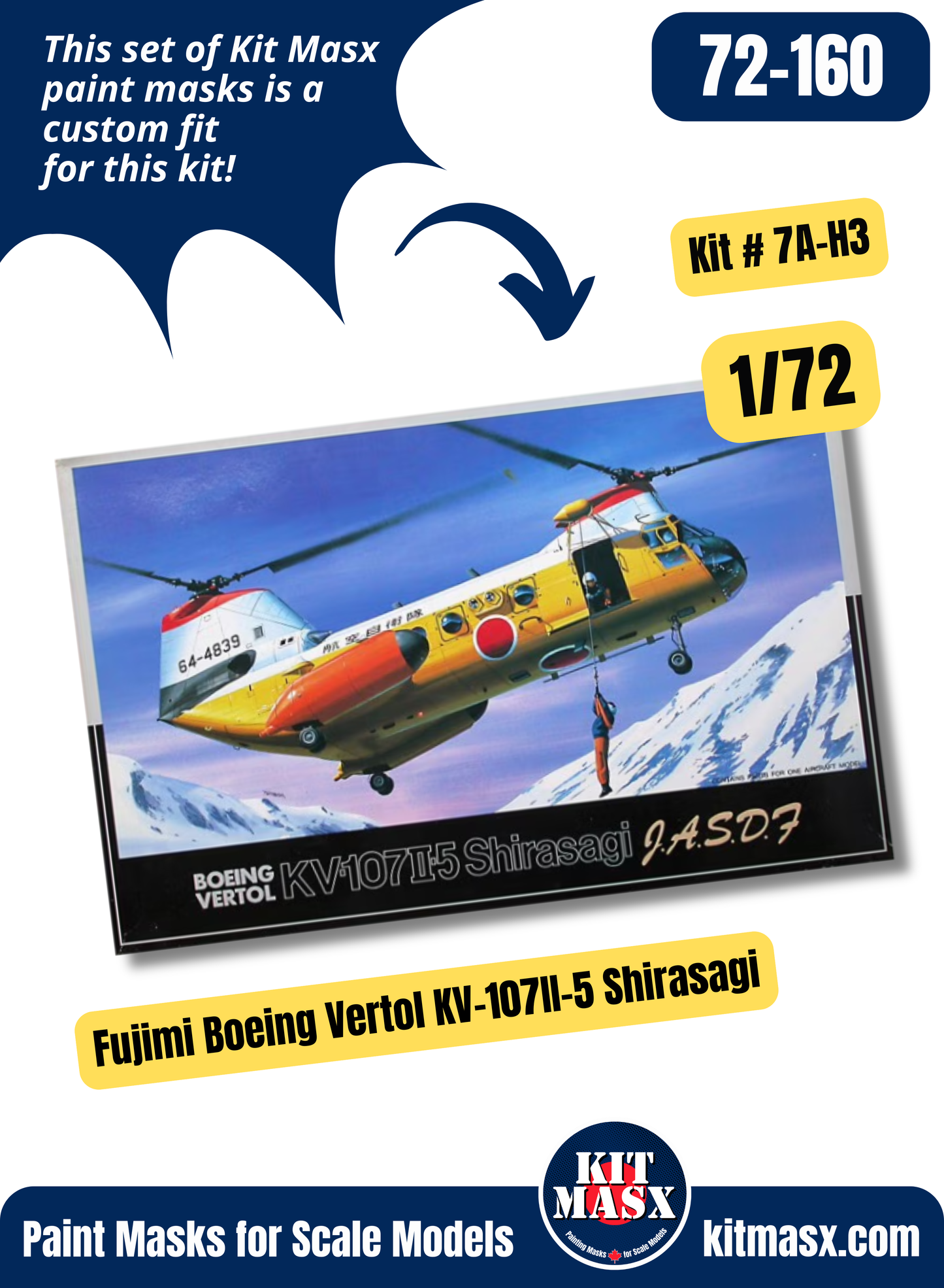 Fujimi Boeing Vertol KV-107II-3/4/5 “Shirasagi” or CH-46D/E/F “Sea Knight” 1/72 Canopy & Wheel Paint Masks, Kit # 7A-H3