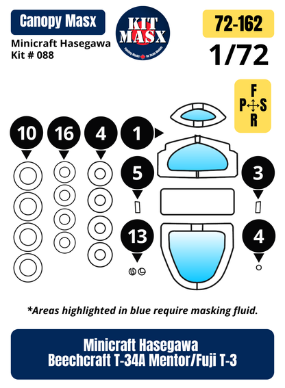 Minicraft Hasegawa Beechcraft T-34A Mentor/Fuji T-3 1/72 Canopy & Wheel Paint Masks, Kit # 088 (72162)