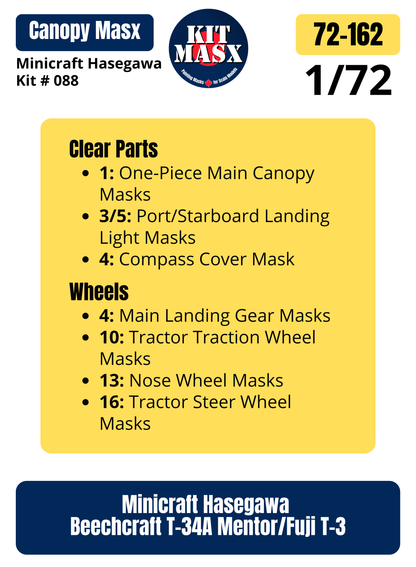 Minicraft Hasegawa Beechcraft T-34A Mentor/Fuji T-3 1/72 Canopy & Wheel Paint Masks, Kit # 088 (72162)