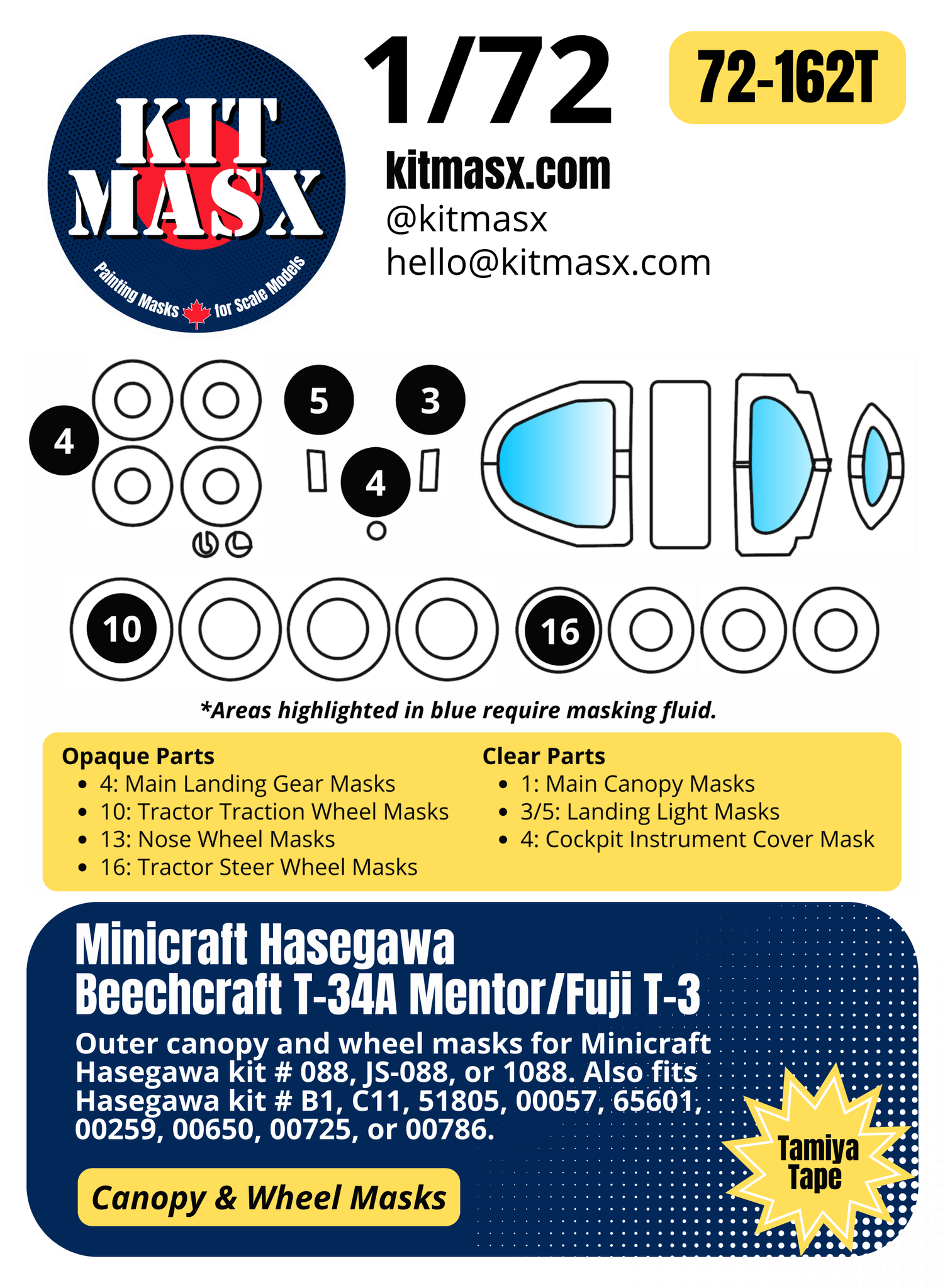 Minicraft Hasegawa Beechcraft T-34A Mentor/Fuji T-3 1/72 Canopy & Wheel Paint Masks